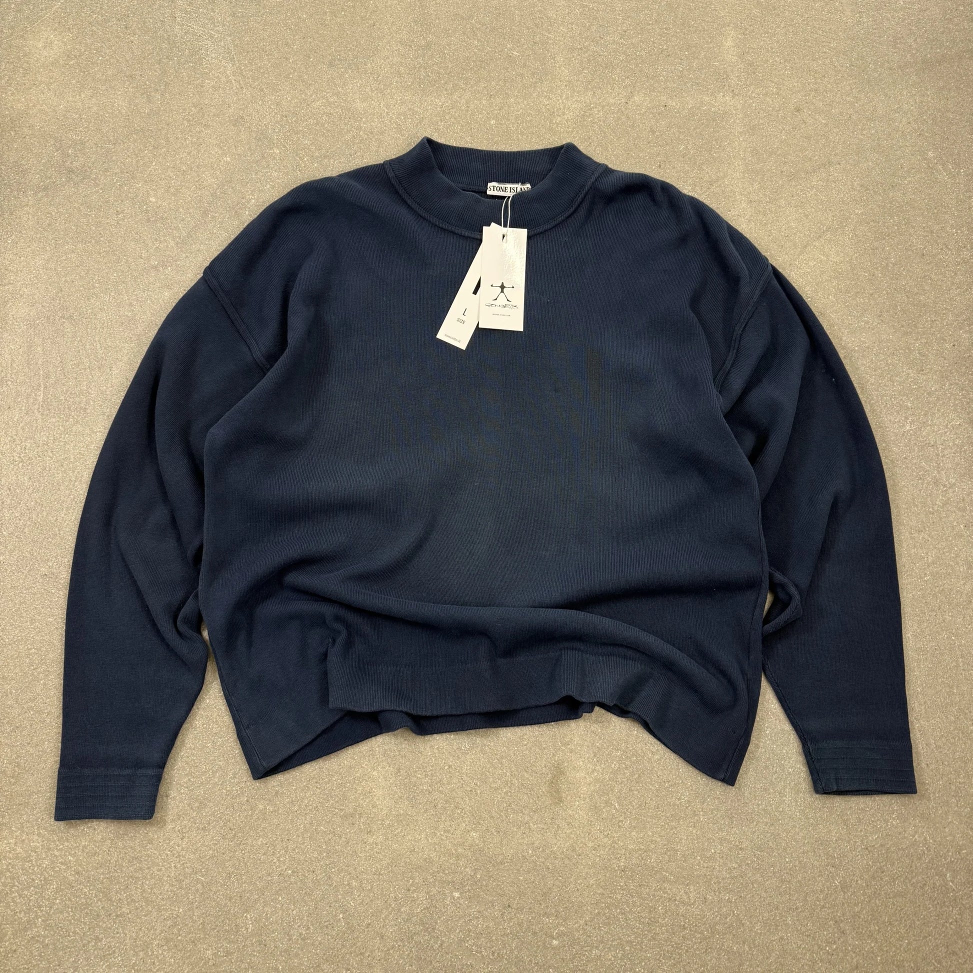 Maglione d'archivio Stone Island Autunno Inverno 1989 Massimo Osti color blu notte lavorato a coste taglia L