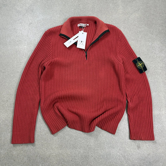 Maglione d'archivio Stone Island Autunno Inverno 2003 in cotone stretch lavorato a coste rosso mattone con mezza zip taglia XL