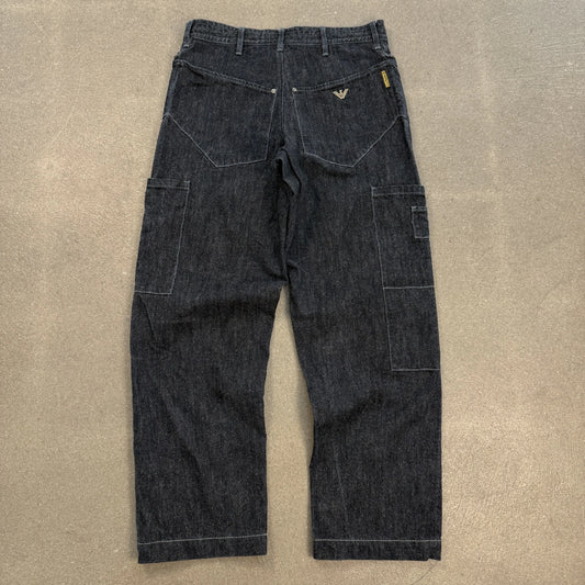 Pantaloni cargo d'archivio Armani Jeans anni 2000 blu scuro fiammato in blend cotone lana seta taglia W28