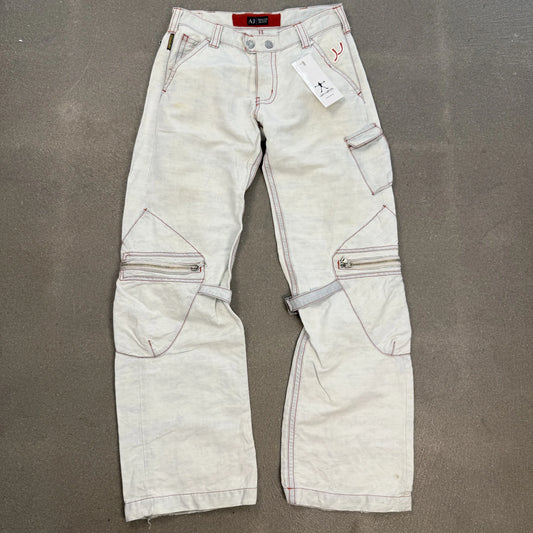 Pantaloni cargo d'archivio Armani Jeans 2004 in canapa e cotone bianco con cuciture rosse a contrasto e zip taglia W38