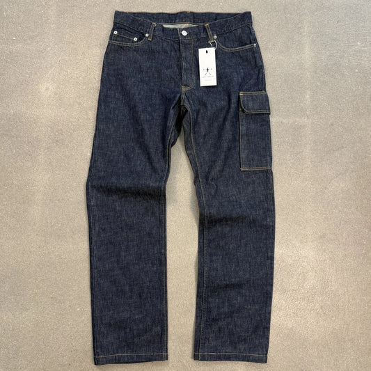 Pantaloni cargo d'archivio Helmut Lang anno 1998 in denim raw rigido scuro con tasca laterale taglia W34