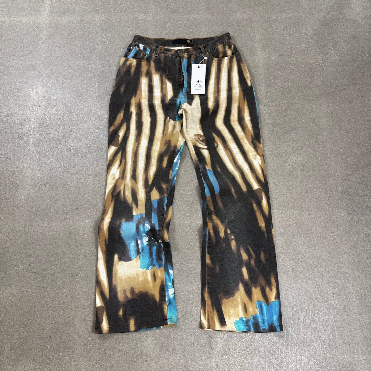 Pantaloni Just Cavalli vintage P/E 2000 con stampa tigrata e floreale blu