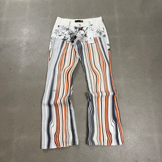 Pantaloni Just Cavalli vintage P/E 2001 con stampa rigata arancione e fiori