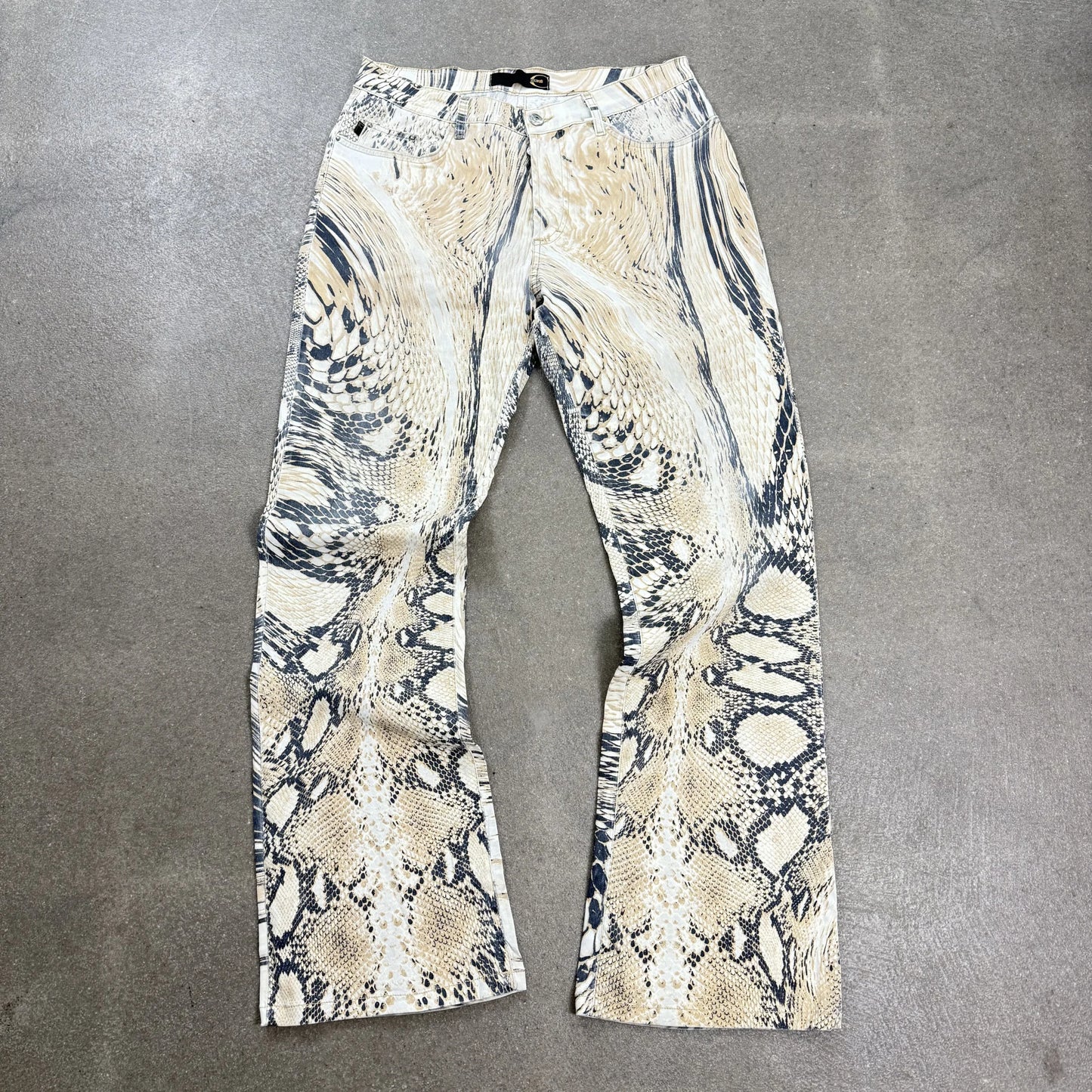 Pantaloni Just Cavalli SS 2003 d'archivio a zampa con stampa pitone psichedelica sfumata