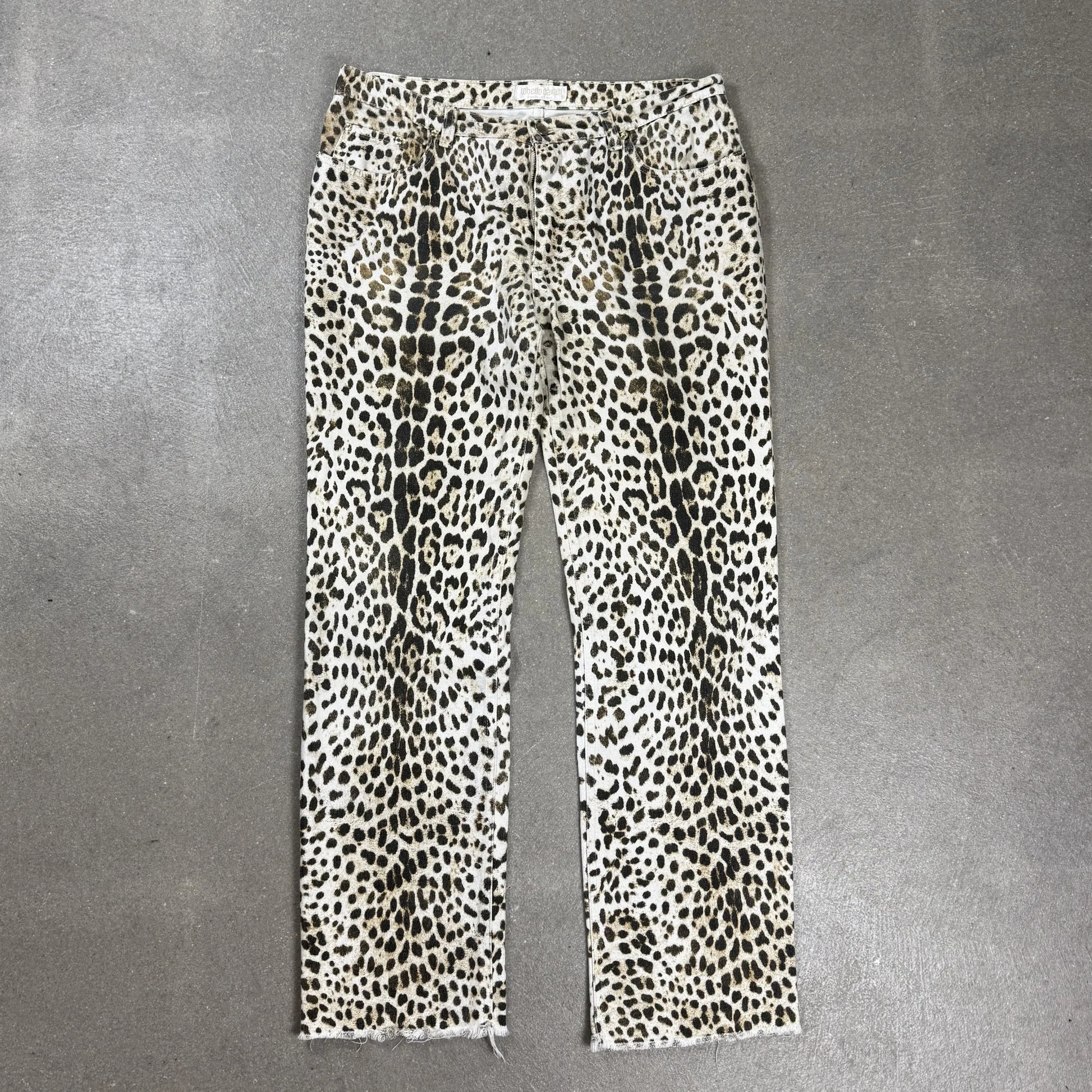 Pantaloni Roberto Cavalli vintage in denim maculato animalier con orlo sfilacciato taglia L Made in Italy
