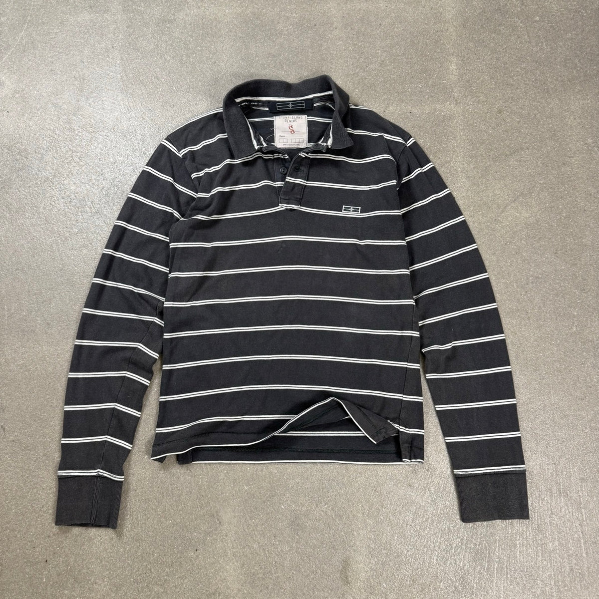 Polo Stone Island Denims vintage a maniche lunghe nera a righe bianche Autunno Inverno 2008 taglia S