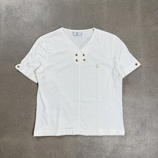 Polo Valentino Sport vintage anni 70 d'archivio bianca con scollo a V e bottoni dorati goffrati