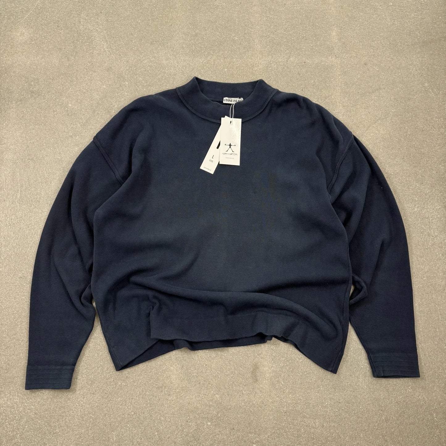 Maglia d'archivio Stone Island 1987 disegnata da Massimo Osti in cotone a coste blu con collo lupetto