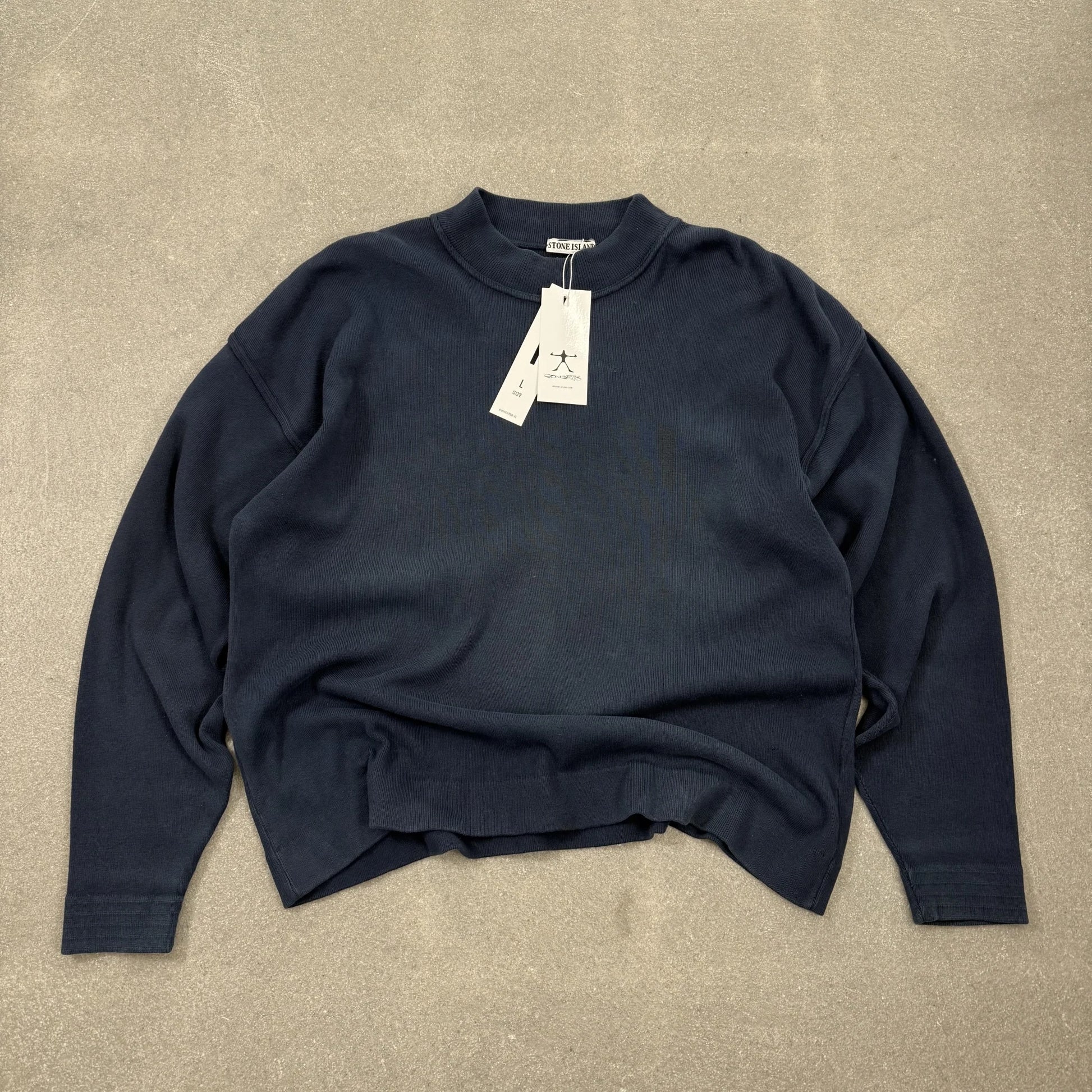 Maglia d'archivio Stone Island 1987 disegnata da Massimo Osti in cotone a coste blu con collo lupetto