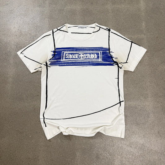 T-shirt d'archivio Stone Island S/S 2008 bianca con grafica schizzo a mano nero e blu e logo spellout taglia M