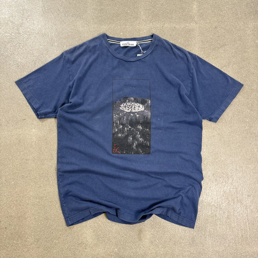 T-shirt Stone Island SS 2019 blu avio tintura in capo con stampa grafica Compass rettangolare