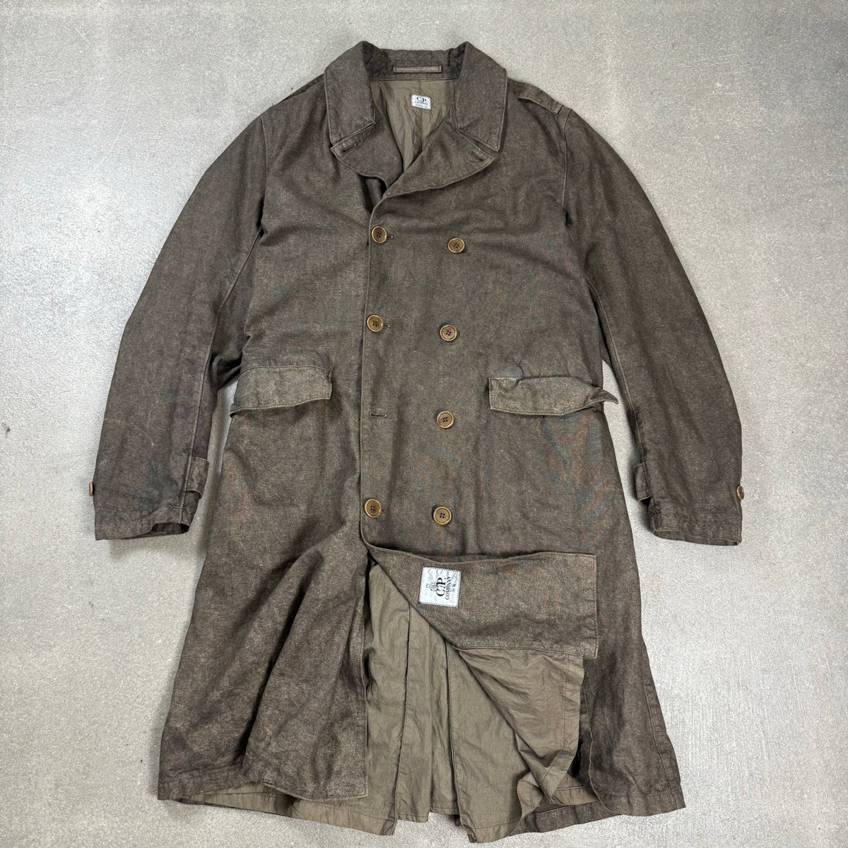 Trench coat vintage C.P. Company doppio petto marrone spalmato era Massimo Osti taglia 50