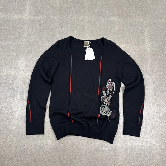 Maglione d'archivio Marithé François Girbaud nero in lana merino con cuciture rosse taglia 42 IT